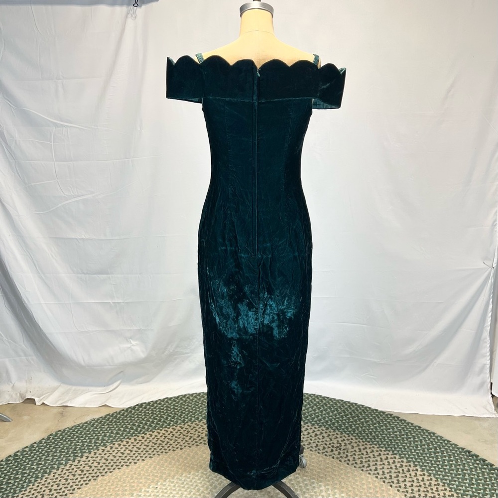 VINTAGE 80s emerald green velvet formal gown prom dress off shoulder lace column - Picture 7 of 15